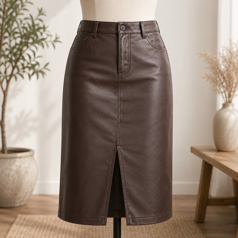 NWT Peace Love World Coated Midi Skirt Womens 14P Brown Faux Leather Look Slit